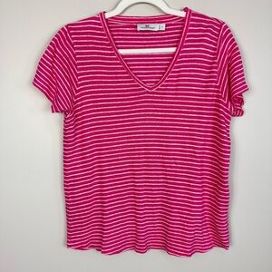 Vineyard Vines Linen Top Women Small Pink White Stripe Short Sleeve V-Neck Shirt